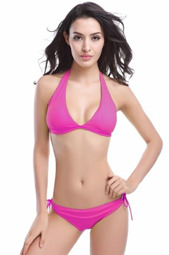Traje de Baño de Dos Piezas Mujer Acolchada Clásico Ajustable Halter Triángulo Bikini Top Bikini Tanga Brasileño Cintura Baja Bikini （Rojo Rosa）