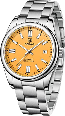 BENYAR 5185 Orologio automatico da uomo cinturino in acciaio inox impermeabile luminoso casual business sport analogico a carica automatica Data orologio da polso, Giallo, Classico
