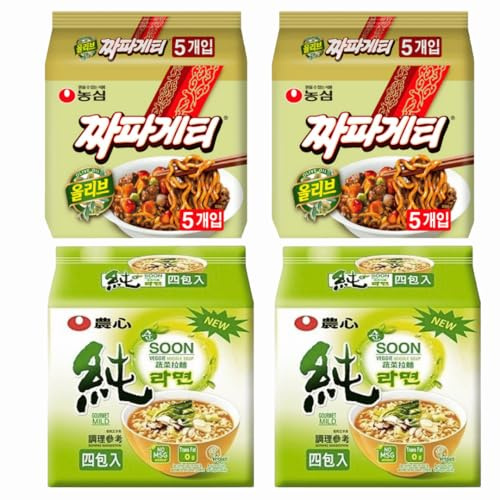Starry Mart NS Ramyun Soon Veggie & Chapagetti Chajangmyun Jjajang Korean Ramen Noodles Mix Bundle (Pack of 20) HALAL