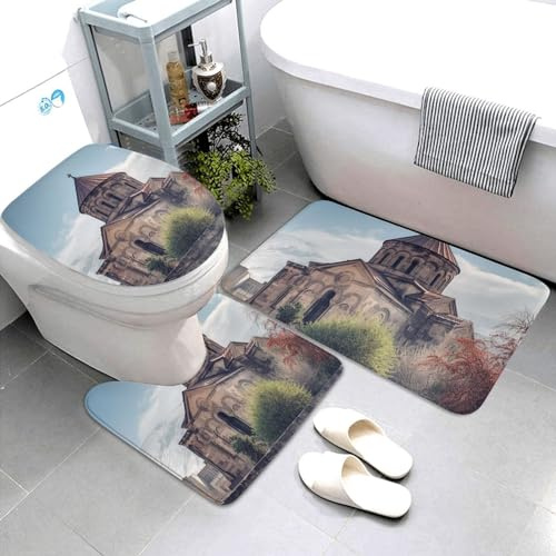 Bathroom Mat Set Armenian Church Print Absorbent U Shape Wc Toilet Rug Durable Toilet Lid Cover Mat Soft Bath Mat Set