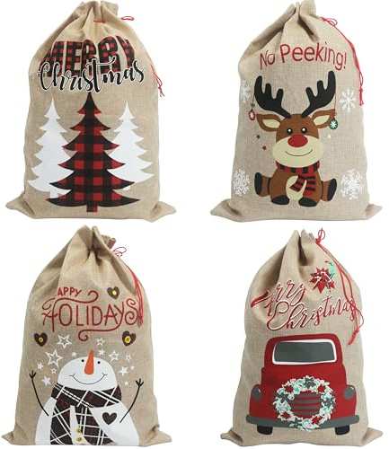 Sacchi di Natale medi 35x50cm - Sacchetti regalo natalizi in tela di iuta con coulisse. 4 design: pupazzo di neve, renna, albero, macchina. Confezione da 4.