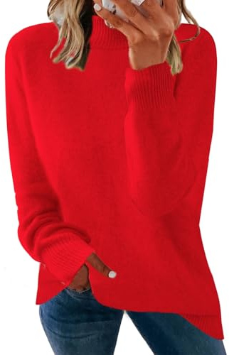 Yutdeng Jersey Mujer Manga Larga Elegante Jersey de Punto Fino Sweater Casual Jersey Pullover Camiseta Cuello Alto Jerséis para Mujer Suéter Invierno Otoño,Rojo,XL