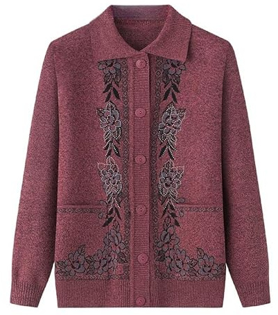 KIJSKKOPO Rebeca De Punto Mujer,Suéteres De Punto para Ancianos, Solapa Verde Oscuro, Manga Larga, Jacquard De Flores, Perforación En Caliente, Abrigo De Punto con Bolsillo, Prendas De Vestir Ajus