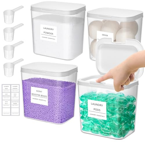 Lifewit Contenedor Detergente Polvo, Lavanderia Organizador, Pastillas Lavadora Caja de Almacenamiento de Plástico, Contenedores para Baño, Dispensador Detergente Lavadora, 2700 ml, 4 Piezas