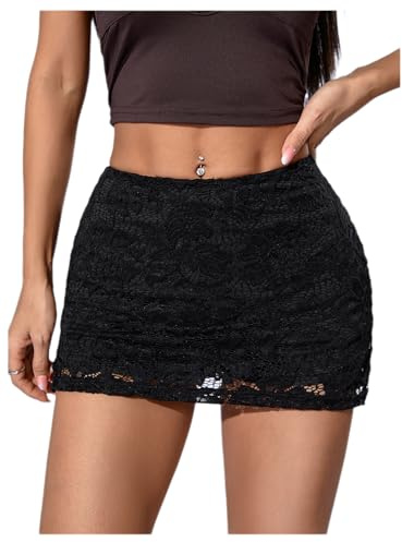 GORGLITTER Women's Lace Bodycon Mini Skirt Low Waist Slit Hem Sexy Skinny Party Skirts Black Medium