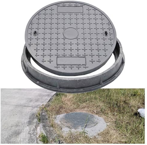 Tapa de Pozo y Marco de Resina Gris de 30, 40, 50, 60, 70 y 80 cm, Tapa de Tanque séptico Redonda con Base, Cubierta de depósito de Aguas residuales Reforzada Antideslizante para estacionami