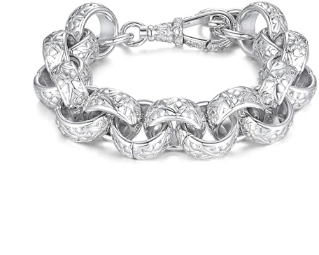 THE BLING KING 20mm Silver Ornate Belcher Bracelet for Men – Chunky Silver Bracelet with Albert Clasp, 8-Inch