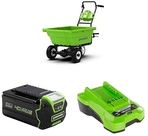 Greenworks G40GC Chariot de Jardin électrique autotracté 106L/100kg, basculement Facile, sans Batterie/Chargeur + Batterie 40V 5Ah G40B5 + Chargeur 40V 2A G40C