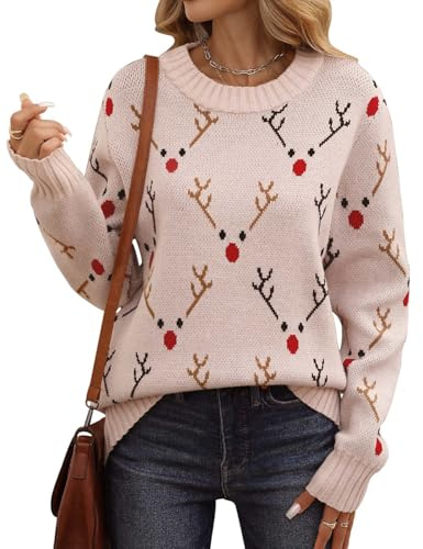 heekpek Pull de Noël Femme Hiver Chaud Chic et Élégant Ample Pull Col Rond Doux Grosse Maille Oversize Sweater, Renne Rose, L