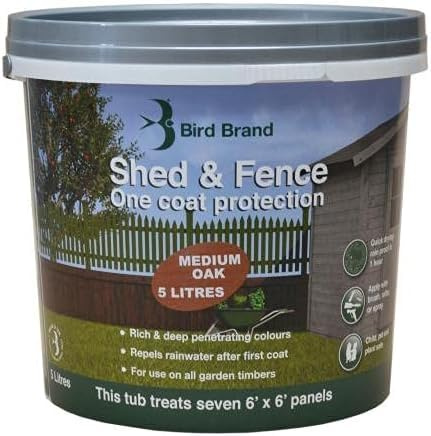 5L, Shed & Fence One Coat Protection Medium Oak, Garden Timber Treatment, Weatherproof Wood Stain and Preservative, Durable Exterior Finish for Sheds, Fences, Decking & Outdoor Wood Surfaces