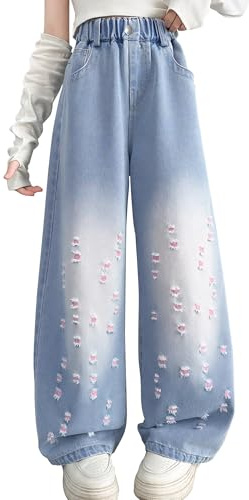NEAWEALY Jeans rasgados para niñas, pantalones de mezclilla holgados de pierna ancha, jeans Y2K, ropa de calle vintage de 5 a 14 años, 9-10 años