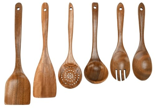 Wooden Spoons Cooking Utensils 6 Pcs Kitchen Utensils Set - Natural Teak Wood Large Cooking Spoon - Heat Resistant, Non-Stick Safe, Comfortable Grip, Includes Ladle