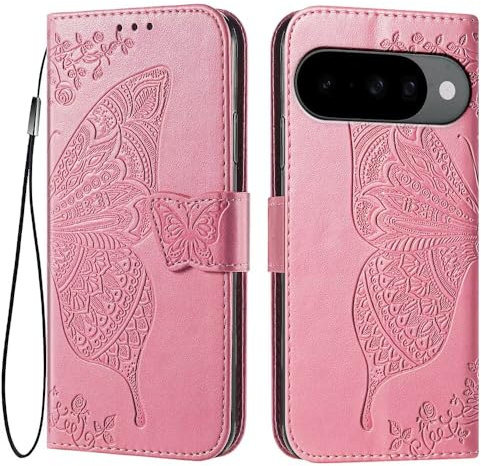 EASSGU Mobilfodral i läder för Google Pixel 10 (6,3 tum), flip-folio, magnetiskt fodral med 3 kortfack, 1 plånbok, fallsäker, reptålig (rosa)