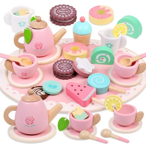 wotoyd Wooden Tea Set for Toddlers, Pretend Play Toys Tea Set Girls Pink, Kitchen Food Accessories with Dessert, Cups, Cookies for Role Play Children 3 4 5 Years Old, 3+ Birthday Gifts Girls Boys Kids