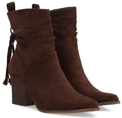 shoes&blues.es 98192 Botin de Tacon para Mujer, de Punta Fina, Cana Arrugada, Flecos en el Talon, y Cierre de Cremallera, Otono Invierno Cafe Talla 39