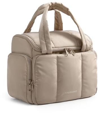 BAGSMART Travel Toiletry Bag for Women, Large Puffy Quilted Makeup Bag | Toiletries Cosmetics Organiser, Travel Accessories With Handle, for Full Size Bottles, Camel