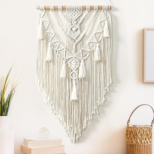 Betylifoy Tenture murale en macramé en coton fait à la main - Tapisserie murale en macramé - Décoration bohème - Avec pompons - Décoration murale pour appartement, chambre à coucher et balcon - 70 cm