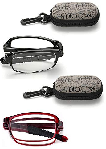 JoXiGo 2 Pack Lunettes de Lecture Monture Pliables Mini avec Étui our Homme et Femme Lens Transparentes Dioptrie +2.5, Noir + Rouge