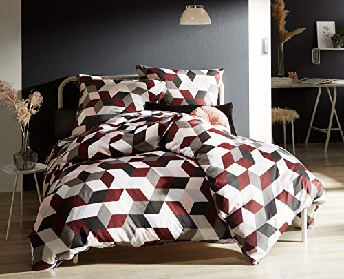 Bettwaesche-mit-Stil Moderne Mako Satin Bettwäsche geometrisch rot grau - Kissenbezug 40x80 cm - 100% Baumwolle