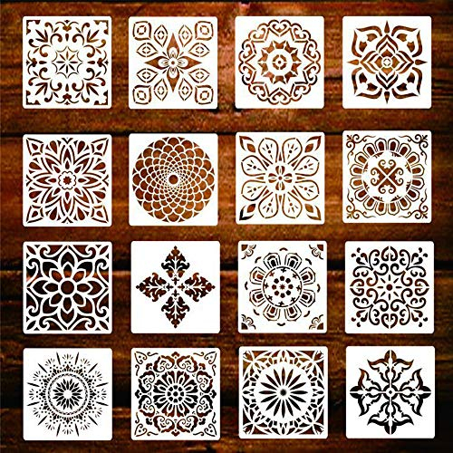 Mandala Schablone Set, 16 stück Mandala Schablonen Groß Wandgestaltung, Schablonen Malen Wand Airbrush Schablonen Wandschablone Malschablone Kinder Stencil (6x6 Zoll)