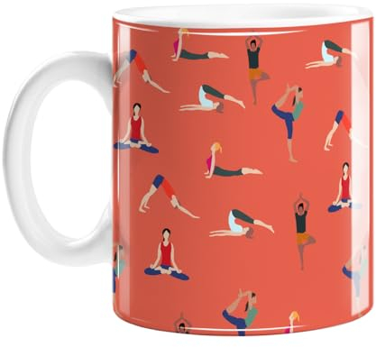 Tasse avec motif de yoga - Illustrée à la main - Orange - Avec yogis posant - Lotus - Pose cobra - Chien orienté vers le bas - Pose d'arbre - Namaste
