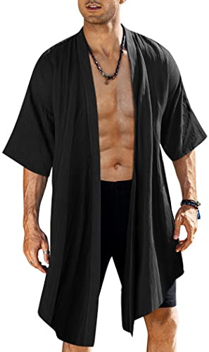 Coofandy Herrkofta med krage med krås, lätt cardigan, lång kimono, jacka med öppen framsida, draperad rock