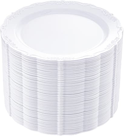 DaYammi 60PCS White Plastic Plates, Heavy Duty White Disposable Premium 7.5inch Dessert Cake Salad Appetizer Plates Hard Plastic Platos Disposable for Party Wedding