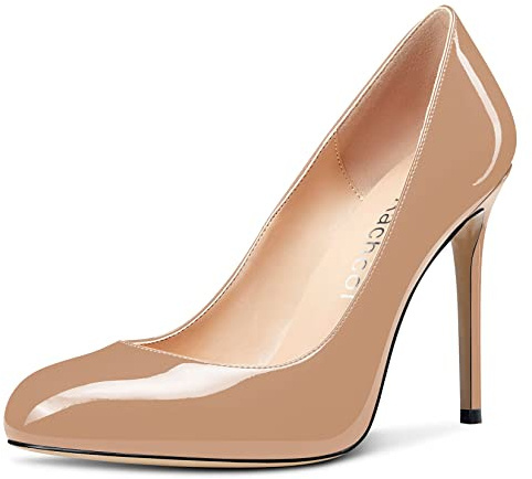 Aachcol Femmes Aiguille Escarpins Fermé Rond Bout Haut High Talon Heel Slip-on Chaussures Mariage Bureau Classique 10 CM Beige Vernis 40 EU