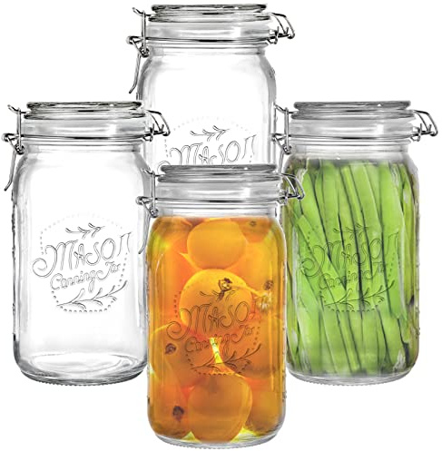 Tebery 4 Pack Clear Wide Mouth Glass Mason Jars with Airtight Clamp Lids, 32Oz Glass Storage Containers Large Kitchen Canisters for Food, Flour, Pasta, Coffee, Candy, Dog Treats, Snacks & More