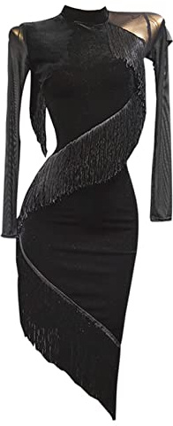 ZYMOZYM Abito da ballo latino da donna con collo alto e nappa irregolare, Nero , L