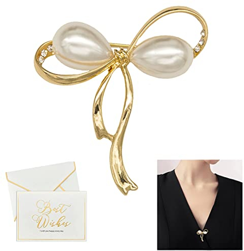 Perle Brosche Pins für Frauen, Mode und Elegante Gold Legierung Bogen Inlayed Künstliche Perle Strass Brosche Sicherheit Pins für Frauen Kleider Schal Pullover Dekoration