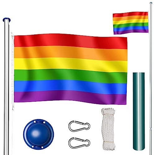 tectake Fahnenmast aus Aluminium, Teleskop Fahnenstange Set mit Flagge, Bodenhülsen, Seilzug, höhenverstellbar bis zu 6,50 m - ideal für Balkon, Garten, Festival und Camping - Regenbogen