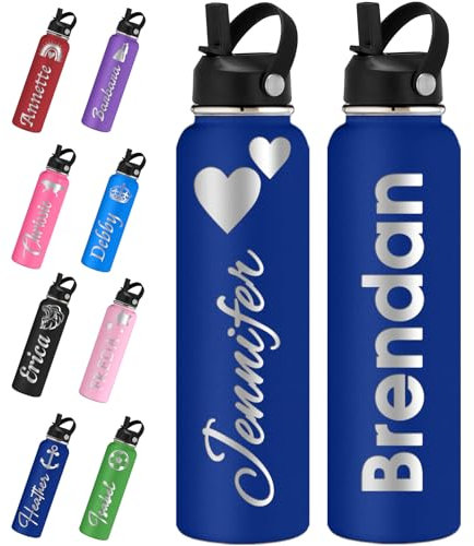 Personalisierte Wasserflasche mit Strohhalm-Deckel, 60 ml, 1,2 l, personalisierbar, Namenslogo, Edelstahl-Isolierflasche, individuelles Geschenk für Schule, Sport, Fitnessstudio, Arbeit