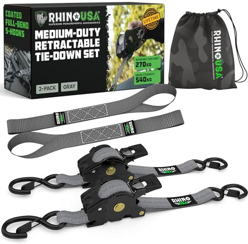 Rhino USA Selbstaufrollende Spanngurte (2er-Pack) - 2.5cm x 3m (540kg Bruchfestigkeit) - Hochleistungs-Automatik-Spanngurte für LKW, Anhänger, Motorrad, Fahrrad & Mehr - Grau