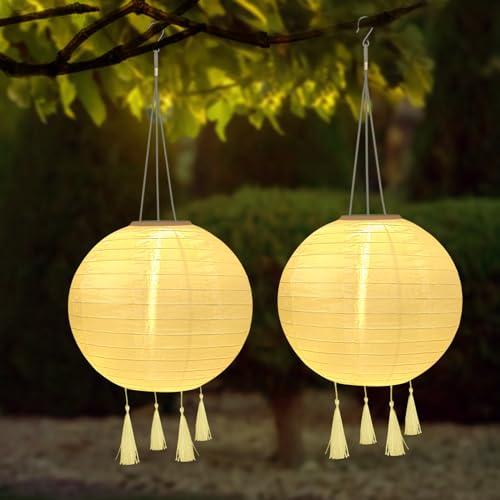 YIFMOO Solar Lampions, 2 Stück 25 CM Solarlaterne Außen Wetterfest, LED Wasserdicht Lampion mit 4 Quaste, Hängende Nylon Laterne für Gärten, Höfen, Balkonen, Hochzeit Dekoration (Warmweiß)