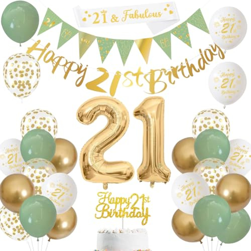 Happy 21st Birthday Decorations Banners Balloon for Her Sage green | 21st birthday decorations banners set for her