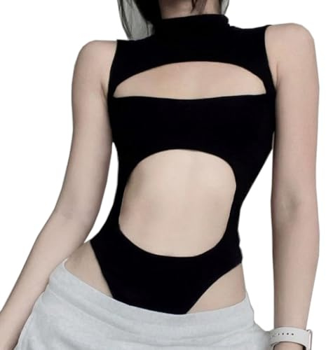 SINROYEE Sexig Ihålig Dam Bodysuit Sommar Streetwear Outfit Gotisk Jumpsuit T-shirt Kortärmad Ärmlös (Storlek: Small)