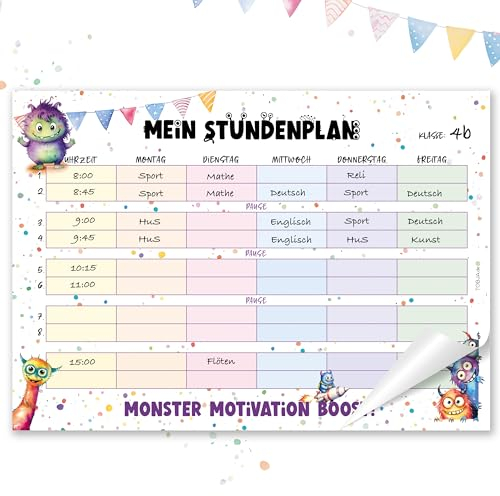 TOBJA Stundenplan Grundschule - Süße Monster Design | Jungen & Mädchen | Stundenplan 1. Klasse (Block Papier)