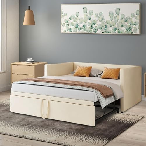 NLDGR Gepolstertes Schlafsofa, 2-in-1-Mehrzweck-Schlafsofa mit Ausziehbett, Verwandelbares Samt-Schlafsofa 90/180 x 200 cm, moderner Zweisitzer für Wohnzimmer, Schlafzimmer, Ohne Matratze (Beige)