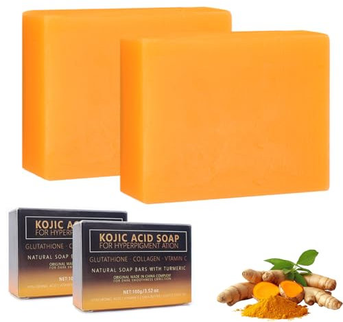 2 pcs Savon à L'acide Kojique au Curcuma,Skin Lightening Soap,VC Savonnette,Doux pour l'Hydratation du Visage et Corps,pour Bain Éclaircissant,Rétrécissement des Pores(2 * 100g)