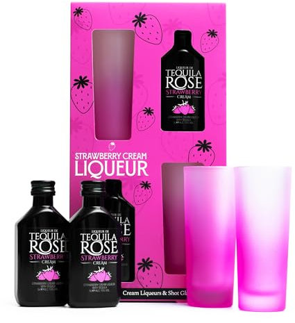 Tequila Rose Gift Set - Tequila Rose Strawberry Cream Liqueur 2x 5cl and 2x Shot Glasses - Miniature Alcohol Bottles, Birthday Gifts for Women, Men, Alcohol Gift Set for Her, Him, Stocking, Christmas
