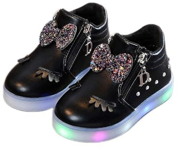 Baskets lumineuses en cuir avec nœud pour tout-petits et bébés filles, fermeture éclair latérale, semelle souple, LED, chaussures de sport légères et confortables, chaussures de tennis dorées, Noir ,