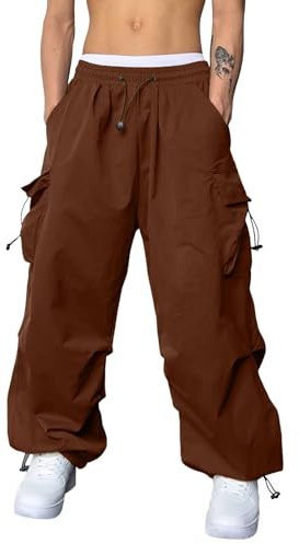Men's Baggy Cargo Pants, Sweatpants Elasticated Waist Cargo Trousers for Men UK, Casual Parachute Pants, Loose Fit Hip Hop Jogging Bottoms, Streetwear, Multipocke with Pocket Drawstring (Brown-b, M)