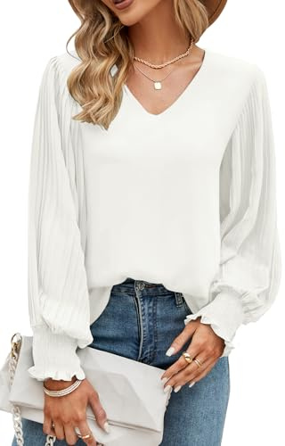 Odosalii Ladies Tops,White Long Sleeve Blouses,Womens Going Out Tops,Elegant V Neck Longline Oversized Chiffon Shirts for Wedding Guests UK Size 14 16