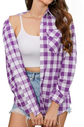 Stamain Checked Shirts Womens Clothing Long Sleeve Plaid Shirt for Women UK Blouse Top Roll Up Button Down Casual Classic Office Party with Pockets M Purple