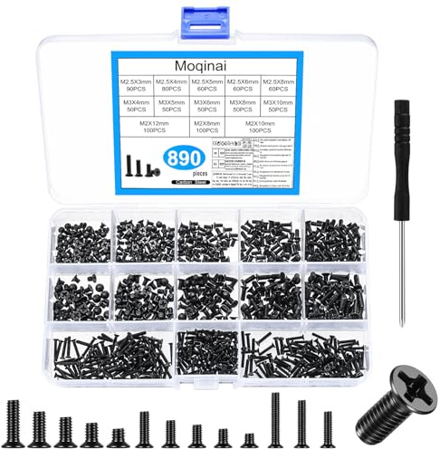 890 PCS M2 M2.5 M3 Screw Set, Mini Flat Head Phillips Machine Screws Assortment, Countersunk Tiny Screws Kit for Laptop Computer PC Electronics Model Repair with Storage Box & Screwdriver