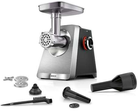 Bosch MultiPower MFWS820M Tritacarne Serie 8, 3 dischi con fori (3, 4,5/8 mm) in acciaio inox, con inserto per kebbe/salsiccia, parti lavabili in lavastoviglie, elettrico, forte, 2500 W