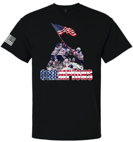 Trenz Shirt Company Men's Graphic T-Shirt - Hockey Champions 2026 USA Players Raising Flag on Ice-Black-Large