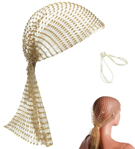 Ligynotu Gold Chainmail Headband for Women Rhinestone Mesh Headband | Elastic Fishnet Headpiece with Hollow Design Mesh Headpiece Gypsy Scarf Turban Cap for Nightclub Festivals