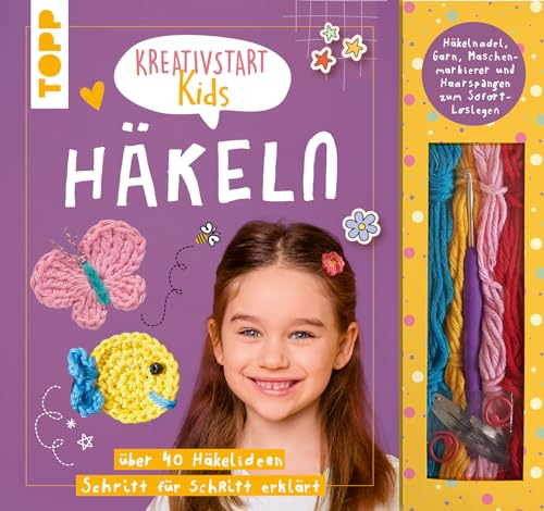 Kreativstart Kids Häkeln. Anleitungsbuch und Material: über 40 Häkelideen Schritt für Schritt erklärt. Häkelnadel, Garn, Haarspangen und Maschenmarkierer zum Sofort-Loslegen